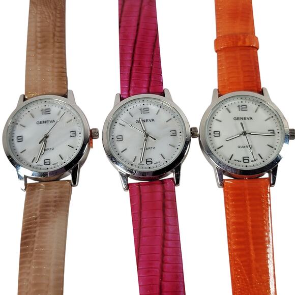 Lot of 3 Geneva Women\'s Quartz Watches Pink Orange Beige Leather Bands main image 9
